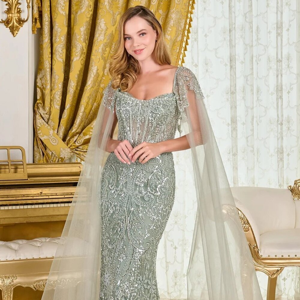 N/A New Sage Beads Embellished Maxi Mother Of Bride Gown w/ Cape Sleeves GL3704